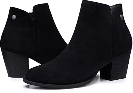 SHIBEVER Women's Ankle Boots Heel: Chunky Low Heeled Almond Toe Short Booties with Zipper Faux Suede Dress Western Fall 2025 Shoes Black Size 9.5