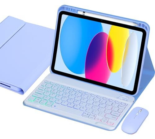 VLEAQC Keyboard Case for iPad (A16) 11th Gen 11 Inch 2025/ 10th Gen 10.9″ 2022, Wireless Rainbow Backlight Detachable Keyboard with Mouse, Thin & Light, Pencil Holder (Purple)