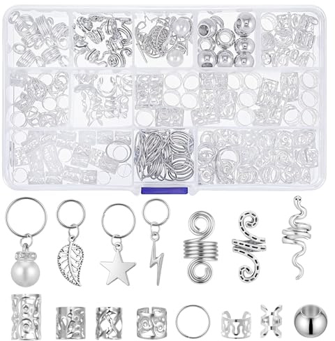 Nogeqi 217 stycken silver hårsmycken för flätor, dreadlocks smycken silver hårringar viking flätor smycken för hår, hårpiercing justerbara manschetter hårspiraler clips hårberlocker flätor tillbehör