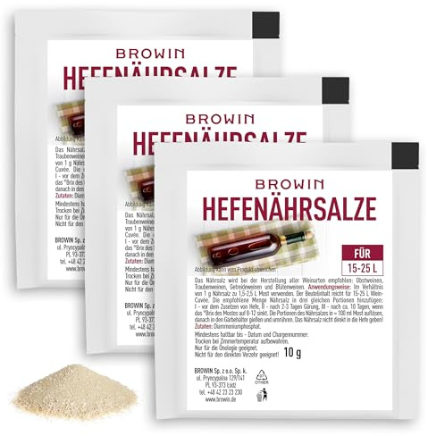 Browin Hefenährsalz 3er Bundle je 10g für Weinhefe & Reinzuchthefe | Universell Wein Hefe für Weißwein, Obstwein selber machen, Hefenaehrsalz für Weinherstellung, Portwein, Backtriebmittel, Teig
