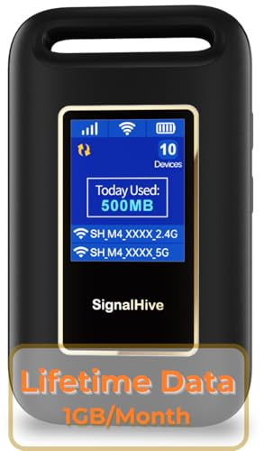 SIGNALHIVE Portable WiFi Hotspot for Travel, eSIM 4G LTE Mobile Hotspot, No SIM Card Required, No Contract Data Plans, Connect Up to 10 Devices, 1GB Monthly Data Included for Life