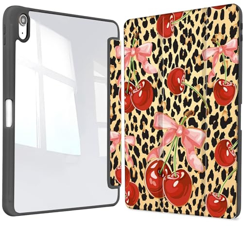 Vozehui iPad Case 11/10.9 Inch (A16)11/10th Gen/10.2 Inch 9th/8th/7th Gen/9.7 In.5th/6th/Air 11 In.M3/M2 w/Clear Back Shell w/Pencil Holder,Tri-fold Stand Cover w/Auto Sleep Wake Leopard Cherry