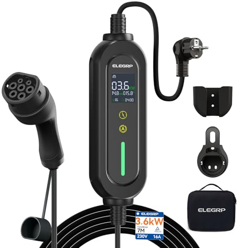 ELEGRP Typ 2 Ladekabel Schuko 7m, 3,68kW (1-phasig, 6-16A einstellbar) – Mobile Ladestation mit verzögertem Ladestart, IP66 wasserdicht, Plug & Play, kompatibel mit EVs & PHEVs (IEC 62196-2)