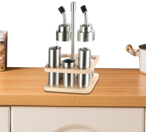 Cocteleras para condimentos – Juego de recipientes para vinagre de acero inoxidable, acrílico de haya, 232x80x190mm, accesorios de mesa recargables para especias, sal, pimienta y | Para cocina