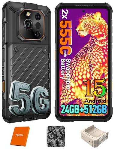 RugOne Xever 7 Pro Téléphone Portable Incassable, 24Go+512Go/SD-2To 5G avec Batterie Remplaçable (2×5550mAh) Android 15 Smartphone Vision Nocturne 64MP+Caméra Thermique, 6,67 120Hz AMOLED, E-SIM Noir