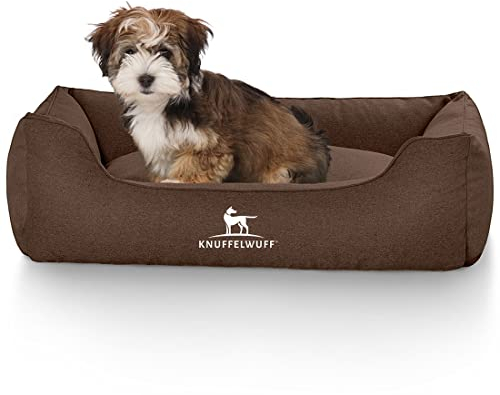 Knuffelwuff Hundebett Crispino aus Velours mit Handwebcharakter M-L 85 x 63cm Braun - Abnehmbarer Bezug - leicht zu reinigen - für große, mittelgroße und kleine Hunde