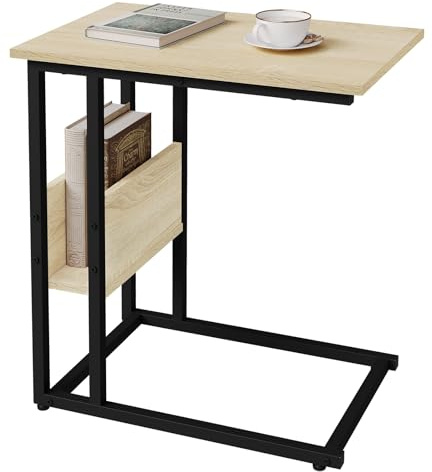 WOLTU Beistelltisch,Couchtisch C Form，Sofa Tisch mit seitliche Ablagefach | Metall,Hell Eiche,einfache montage,bis 15 kg,für Kaffee und Laptop,für Wohnzimmer,Schlafzimmer ,Büro