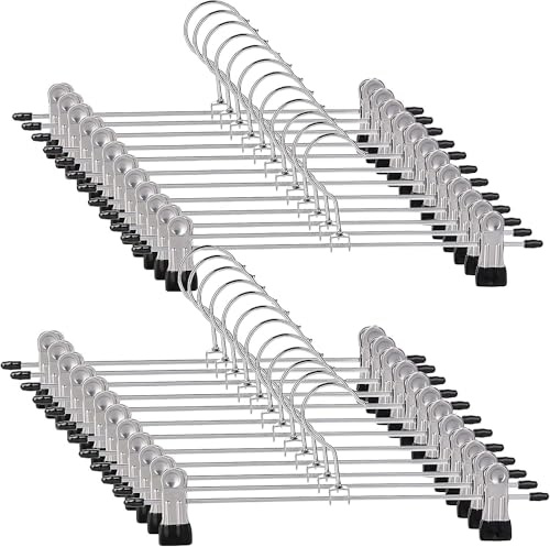 Trouser Hanger, 10Pack Pant Hangers Space Saving Skirt Hangers with Clips Adjustable Non-Slip Coat Hanger Heavy Duty Chrome Clothes Hook