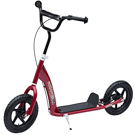 HOMCOM Patinete para Niños de 5-12 Años Scooter de 2 Ruedas Grandes de 12 Pulgadas con Freno y Manillar Ajustable en Altura Carga Máx. 50 kg 120x52x80-88 cm Rojo