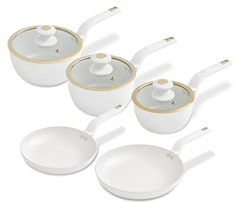 Tower T800232WHT Cavaletto 5 Piece Cookware Pan Set with 16cm, 18cm, 20cm Saucepans and 24cm, 28cm Non-Stick Frying Pans, White & Champagne Gold