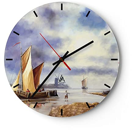 Modern Wanduhr Fischer Schiff Fan 30x30cm Rund Klein Wand Uhr Glas Analog Zimmeruhren Küche Büro Wohnzimmer Glasuhr Wall Clock Dekoration Design Wanddekoration Küchenuhr C3AR30x30-4318