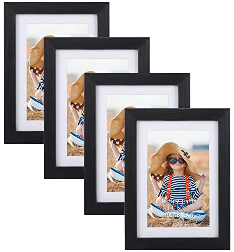 EXYGLO 4er Set Bilderrahmen 10x15 cm mit Passepartout oder 13x18 cm ohne Passepartout, Klassischer Fotorahmen mit Schwarz Holzmaserungsrahmen, Wand- oder Tischaufsteller