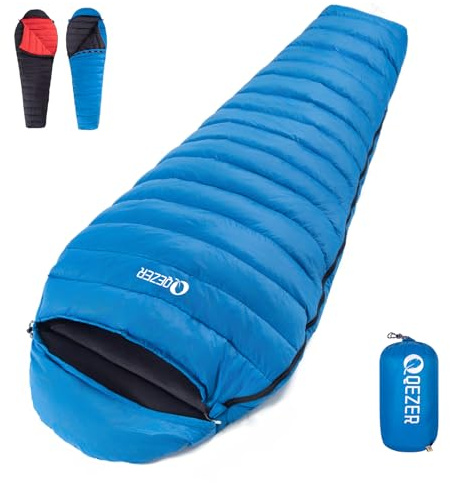 QEZER Sacco a Pelo Ultraleggero per Adulti, Sacco a Pelo da Zaino Imbottito 600+FP Piumino d'Anatra 5°C 15°C per il Campeggio e l'Escursionismo all'Aria Aperta (Blu)