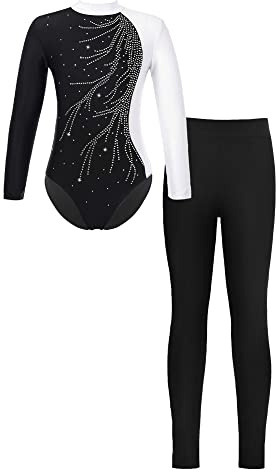 IEFIEL Mädchen Turnanzug Langarm Glitzer Gymnastik Kleidung Set Ballett Trikot Langarmbody mit Lange Hose Kinder Gymnastikanzug