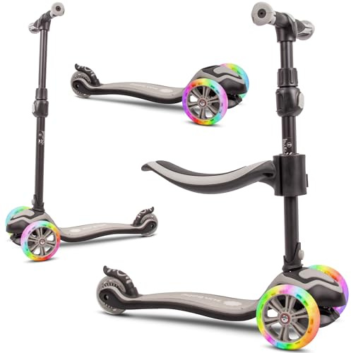 Sun Baby Monopattino per bambini 3 anni, Triciclo Scooter 3 Ruote Luminose a LED, regolabile in altezza, Children's Scooter (Grigio)