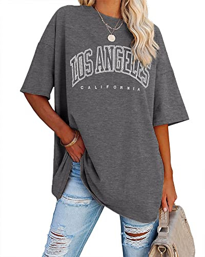Ebifin Dam oversize t-shirt vintage kortärmad rund hals toppar casual lös basic sommar t-shirts skjortor blus., Mörkgrå, XXL