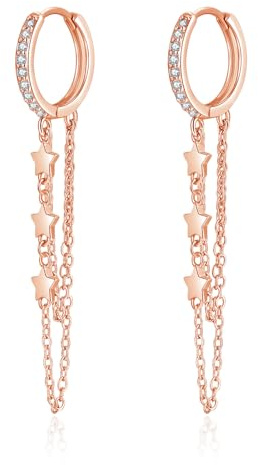 Hasnsofie Damen Creolen Ohrringe Hängend, 925 Sterling Silber Runde Creolen Ohrhänger, Rosegold Hängeohrringe mit Weiß Zirkonia, Hypoallergen Zwei Lange Quaste Ketten Kreolen Ohrringe mit Geschenkbox