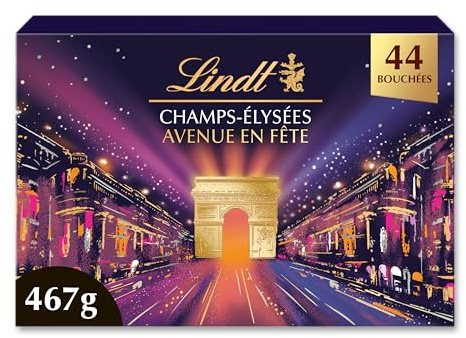 Lindt - Boîte CHAMPS-ÉLYSÉES Édition Avenue en Fête - Assortiment de Chocolats au Lait, Noirs et Blancs - Pralinés, Croustillants et Onctueux - Idéal pour Noël, 467g