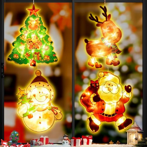 Shinybox LED Weihnachtsbeleuchtung Dekorationen, 4 Stück Saugnapflampe Saugnapf Lampe für Weihnachtsfenster, Saugnapflicht, Weihnachtsdekoration Beleuchtung, Klingel Saugnapf Licht