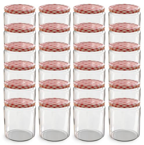 Oputec 24 x 405 ml Einmachgläser mit TO 82 Schraubdeckel rot kariert – Perfekt für Marmeladen, Konfitüren und mehr, große Gläser mit Deckel, ideal als Marmeladengläser und Schraubgläser
