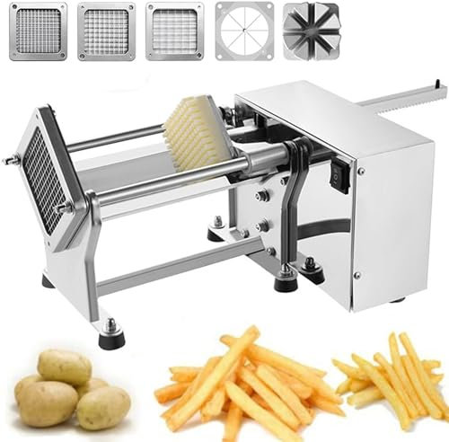 Cortadora de patatas fritas eléctrica, cortadora de patatas fritas comercial, cortadora de verduras de acero inoxidable con 4 cuchillas reemplazables, para patatas, cebollas, pepinos, zanahorias