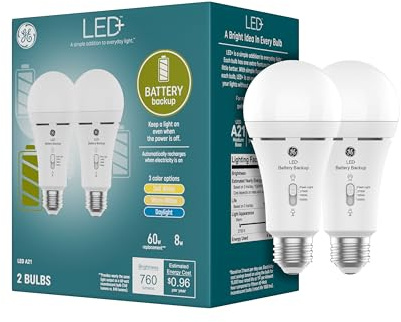 GE LED+ Backup Battery LED Light Bulbs, A21 Rechargeable Light Bulbs for Power Outages and Emergencies, Flashlight, 3 Color Temperatures (2 Pack)
