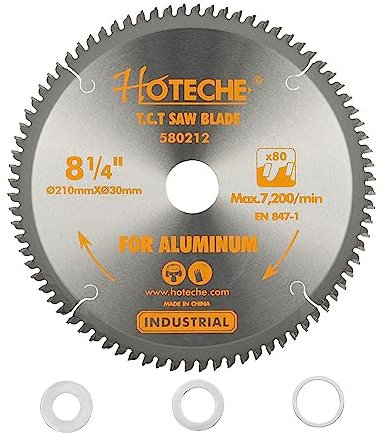 Hoteche T.C.T Kreissägeblatt 210X30X80T 210MM Durchmesser 80 Zähne SK5 Grundkörper 1.5MM geeignet für Aluminium und Kunststoff maximale Drehzahl 7200 U/min inkl drei Unterlegscheiben 25.4MM 20MM 16MM