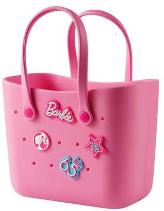 MINISO Barbie Tote Bag, Reusable Small Rubber Waterproof Bag, Cute Design Practical And Portable Handbag for Work Travel (PINK)