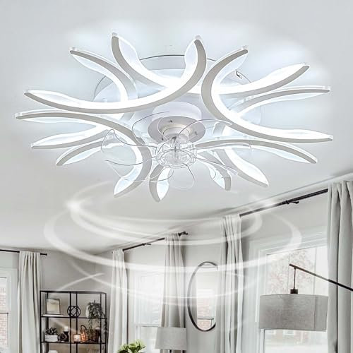 Modern Large Ceiling Fan with LED Lights Remote Control Dimmable Reversible 6 Speed Silent DC Motor Smart 7 Blade Design Flush Mount for Living Room and Bedroom White Color.