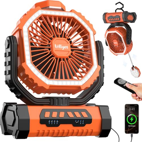 lollyes Outdoor Camping Ventilator mit Licht, 20000mAh Akku, wiederaufladbarer tragbarer Ventilator mit Fernbedienung und 360°-Haken für Camping, ideal für Innenräume, Reisen, Zelte und Angeln