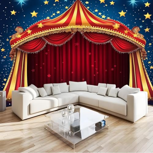 Papier Peint Panoramique Rouge, 3D Papier Peints Intissé Chapiteau De Cirque De Dessin Animé Décoration motif pour Salon Chambre d'enfants Restaurant, Poster 250 x 175 cm