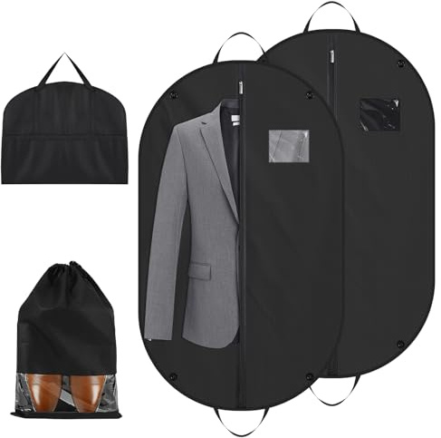 Porta Abiti da Viaggio,100x60cm Borsa Porta Abiti da Viaggio con sacchetto, 2pcs Custodia Abiti con Cerniera Antitarme, Copriabiti Antipolvere per Suit, Abiti, Giacconi, Vestiti, Costumi(Nero)