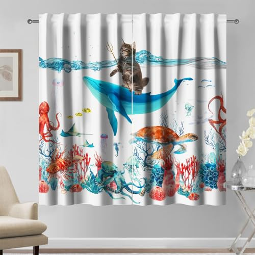 Kzzfqxb Dessin animé Rideaux 117x138cm 2 Panneaux, Chat drôle chevauchant Une Baleine Bleue avec Une Lance de pêche, décoration Fantaisie Amusante pour Chambre d'enfant Salon