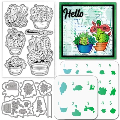 GLOBLELAND Cactus Succulent Potted Plant Clear Stamps Cutting Dies PET Painting Stencils for Card Making Plants Silicone Stamp Metal Greetings Die Cuts PET Paint Stencils for DIY Scrapbooking