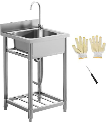 HOMCOM Outdoor Utility Sink, Stainless Steel Free Standing Single Bowl Kitchen Sink with Cold and Hot Water Pipe and Storage Shelf for Laundry Garage, 55 x 50 x 100 cm