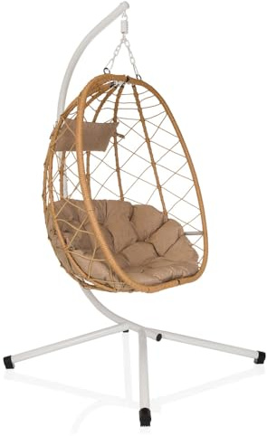 hjh LIVING Sillón Colgante con Estructura COCOVA Sillón Colgante de Exterior con cojín, sillón para jardín, balcón, Patio y salón, Blanco/Beige