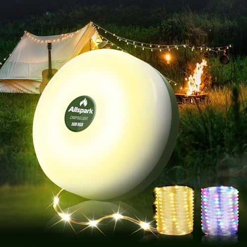 Camping String Lights, 4 in 1 Quick Storage 32.8FT Rechargeable Tent Lights String with 8 Lighting Modes, Allspark Hanging Waterproof Portable LED Lamp for Outdoor Patio Awning Garden Party Essential