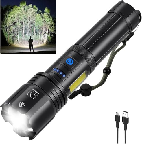 RadiantRover Lampe torche LED rechargeable 990 000 lumens, 7 modes, lampe de poche super lumineuse, XHP90.2 avec lumière latérale COB, rechargeable par USB, zoomable, étanche IPX7, puissante pour les