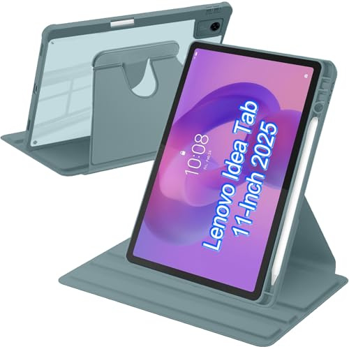 A-BEAUTY Funda Giratoria para Lenovo Idea Tab 11 Pulgadas 2025 Verde Oscuro | con Portalápiz, Soporte Giratorio de 360° Cubierta Trasera Transparente, Auto-Sueño/Estela