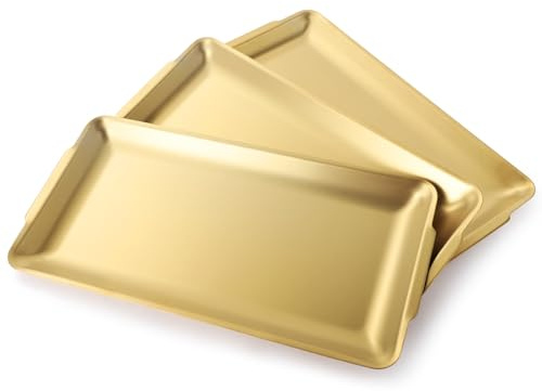 3 Pcs Food Serving Tray Set, 304 Stainless Steel Gold-Plated Rectangular Trays with Slightly Raised Edges, Mirror Finish, Ideal for Desserts, Snacks, and Party Catering