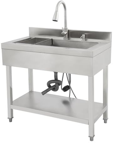 Edelstahl Spültisch Freistehende Gastro 1 Becken, Gewerbliche Küchenspüle mit Wasserhahn mit Kalt und Warmwasserschläuchen, Outdoor Spüle für Garage Waschküche Restaurant 90x 60x 80 cm