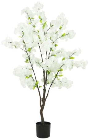 Ligne Déco - Cerisier Artificiel Blanc 130cm | Plante Artificielle Pot Plastique Noir Intérieur Imitation Terre | Decoration Maison Élégante et Réaliste | Fausse Plante Cerisier Interieur