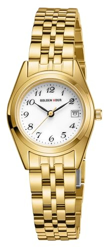 GOLDEN HOUR Damen-Armbanduhr, analog, goldfarben, Edelstahlband, leicht lesbar, weißes Zifferblatt, Goldweiß