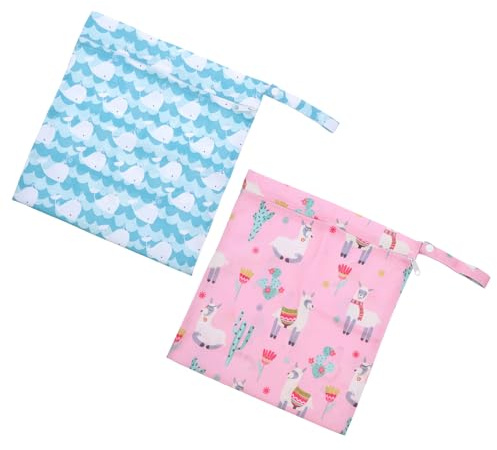 IWOWHERO Lot de 2 Pochettes de Rangement pour Couches Imprimées Étanches, Paquet à Couches Réutilisable en Tissu Imperméable, Voyage et Sorties Bébé, Grand Format, Motifs Baleine et Alpaga