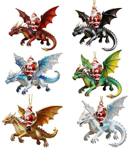 Santa’s Dragon Riders Ornament Collection, Fantasy Themed Dragon Ornaments, Santa Riding D ragon Christmas, Dragons Hanging Acrylic Goth Christmas Ornaments (6PCS)