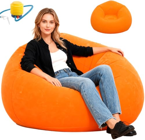 CEWROM Air Sofa Uppblåsbar stol utan kulor, supermjuk, tvättbar, uppblåsbar soffa med sammetsyta, bärbar uppblåsbar stol för vardagsrum, sovrum, camping, utomhus (orange)
