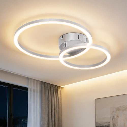 Homefire LED Deckenlampe Wohnzimmer Deckenleuchte Silber - 23W Küchenlampe | 3000K Warmweiß Wohnzimmerlampe 40cm Modern Schlafzimmerlampe 2-Ringe Design Deckenbeleuchtung für Küche Schlafzimmer Büro