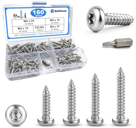 Boltmax 160 Stück Holzschrauben Set, Torx Schrauben M4 Blechschrauben | Edelstahl A2 V2A, Linsenkopfschrauben Holz mit Bit, Vollgewinde Edelstahlschrauben Set