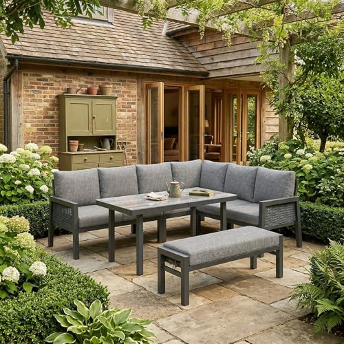 NuvlaGu Set da pranzo da giardino per 8 persone, sala angolare e panca con tavolo, set da giardino per esterni, in polietilene intrecciato, in acciaio zincato, piano in vetro, grigio