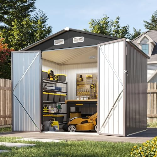 Aoxun 8×6ft Großes Gerätehaus aus Metall 235×171×196 cm | wetterfestes Gartenhaus mit Doppeltür & Satteldach, abschließbarer Geräteschuppen für Garten, Hinterhof, Terrasse, Braun